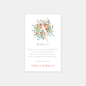 Carte de remerciement naissance aquarelle bouquet