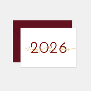 Happy New Year card with burgundy calligraphy