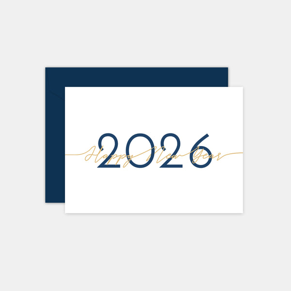 Happy New Year card in navy blue calligraphy