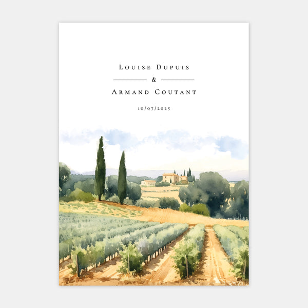 Watercolor Provençal vineyard wedding invitation