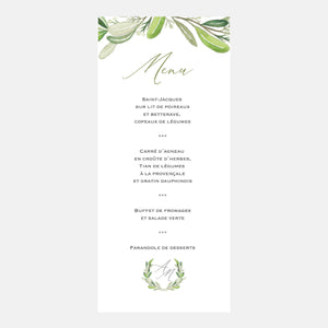 Menu mariage monogramme feuillages