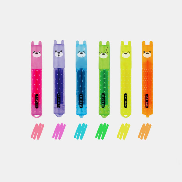 Set mit 6 fluoreszierenden Textmarkern im Teddy-Stil