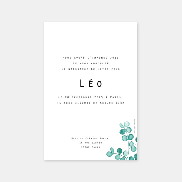 Eucalyptus birth announcement