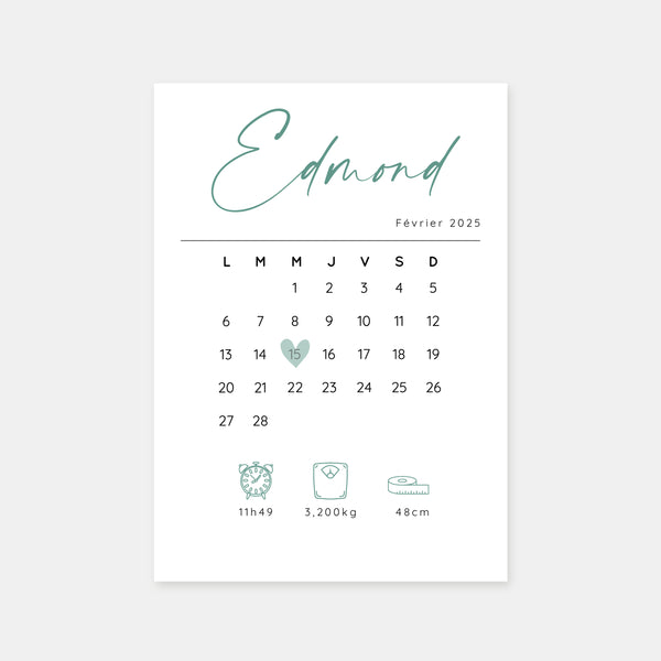 Faire-part de naissance calendrier 28 jours