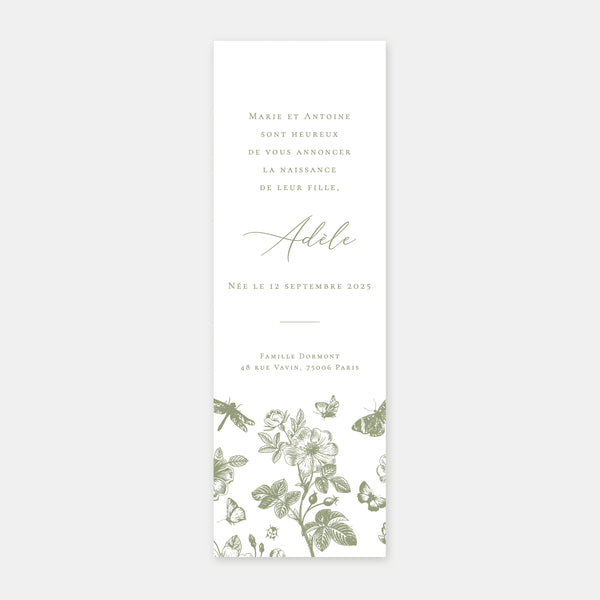Birth announcement toile de jouy bookmark